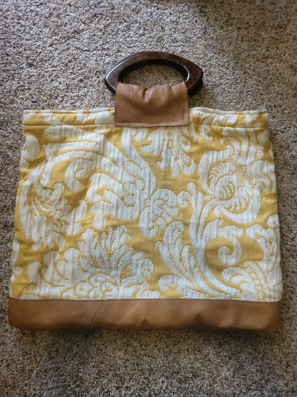 Yellow and Cream Patterned Tote Bag with Brown Trim
